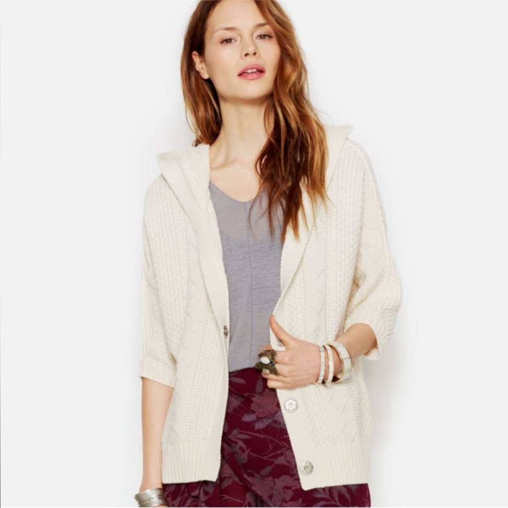 Free People Washed Out Cable Knit Hoodie Cardigan Sweater Ivory Beach Coastal